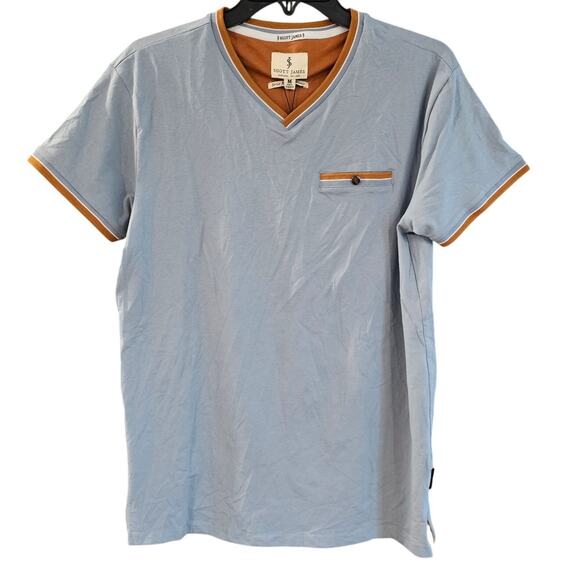 Scott James Blue Stripe Tipped Short Sleeve V-Neck Cotton Pocket Tee Men’s M NWT - Picture 1 of 10